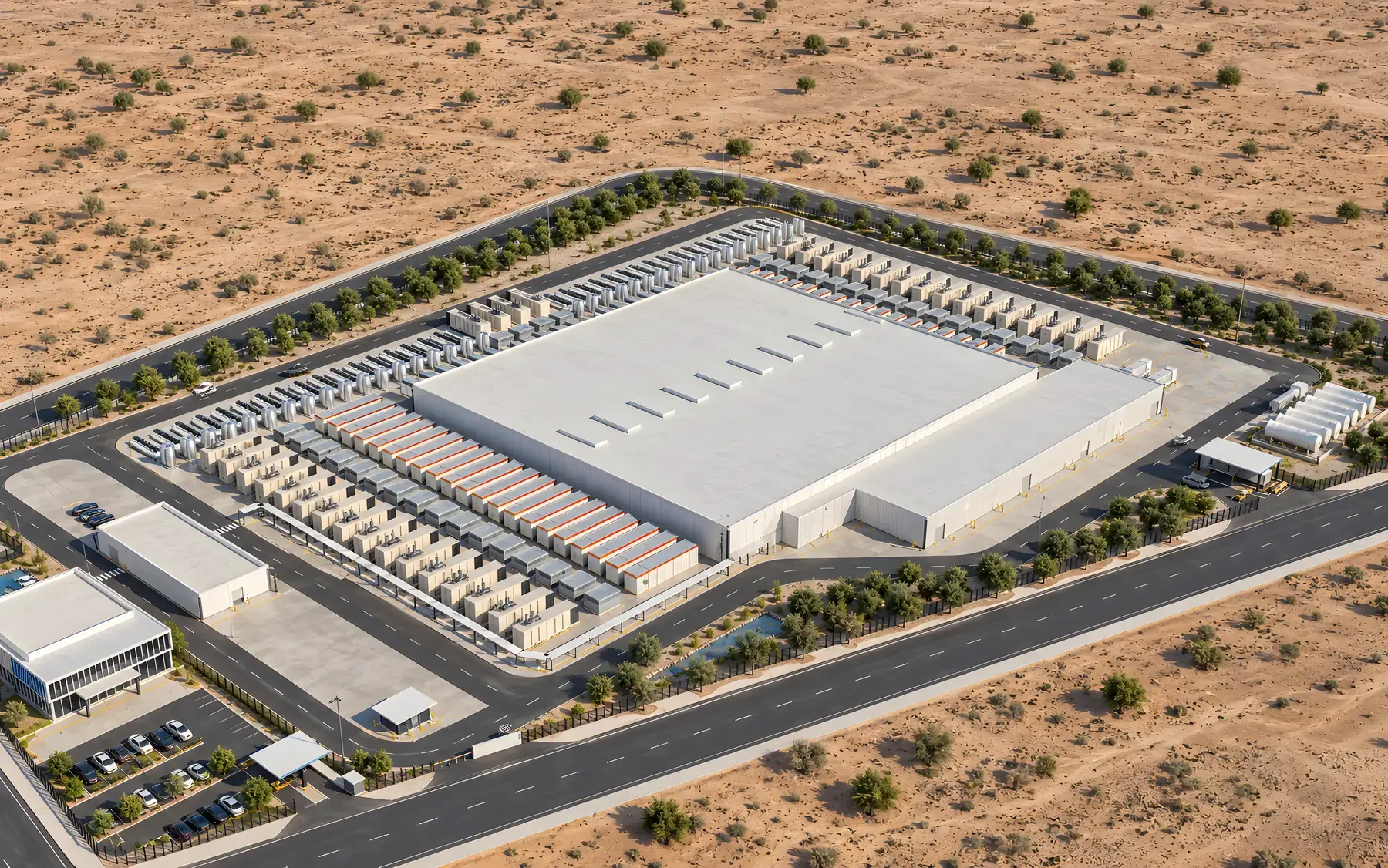 Aerial view of a hyperscale data center campus concept in dry terrain: a large white hall with rows of generator and cooling modules along two sides, an administration building, car park, gatehouse and perimeter road